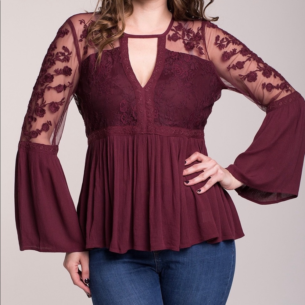 American Eagle Outfitters maroon Sheer lace blouse - Picture 2 of 6